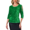 thumbnail image 1 of Blusas de fiesta y club para mujer Allegra K con lentejuelas brillantes y terciopelo, corte en la parte superior de la manga, color verde L, 1 of 6
