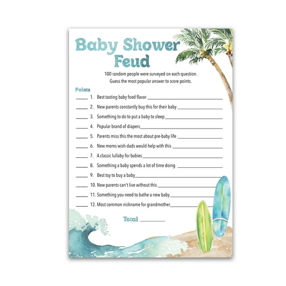 Surf Beach Theme Baby Shower FEUD Game - Pack of 25 - Fun Shower Family Feud Games, Baby on Board Baby Shower Activity, Gender Neutral Baby Shower Fued Games, Couples Shower G940-BSF