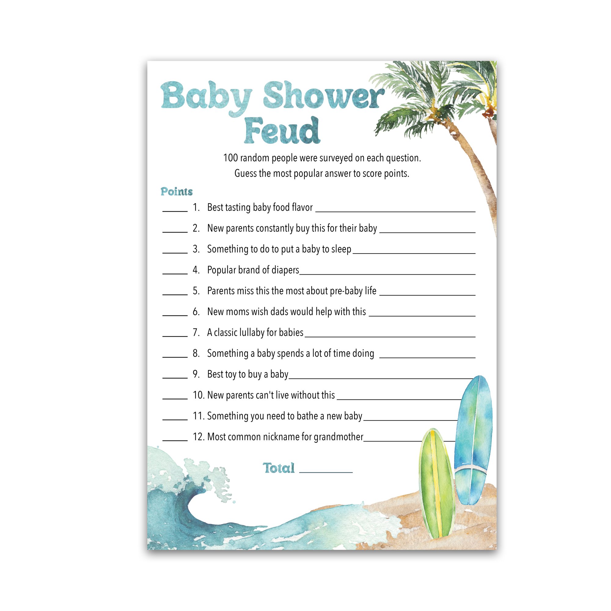 Surf Beach Baby Shower Game – FEUD, Pack of 25, Baby on Board Trivia Activity, Gender Neutral Baby Shower Games, Couples Shower