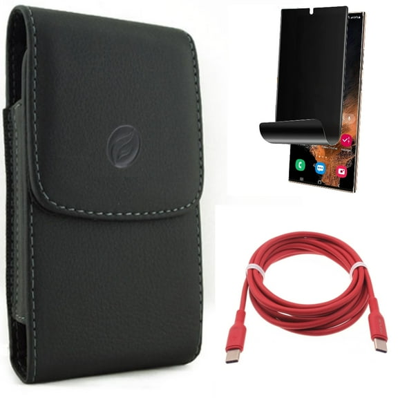 Red 6ft Long Cable & Case Belt Clip & Privacy Screen Protector for Samsung Galaxy S22 Ultra (6.8") - Combo USB-C to Type-C PD Fast Charger Cord & Leather Holster Cover & TPU Film (Fingerprint)