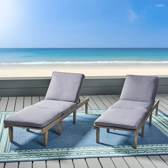 Adrian Outdoor Acacia Wood Chaise Lounge with Cushions, Grey,Dark Grey