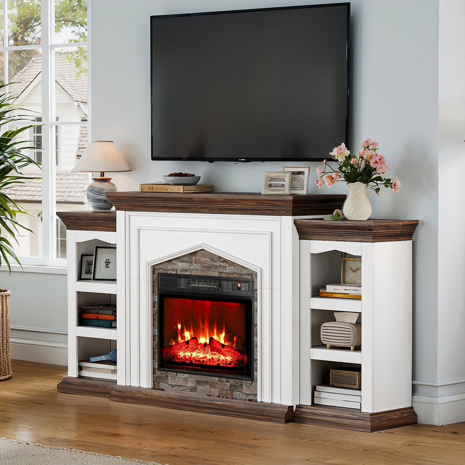 LGHM 80" Fireplace TV Stand with Storage & Bookshelves, Electric Fireplace with Mantel, Farmhouse Entertainment Center for TVs up to 90" with Remote Control, White & Brown