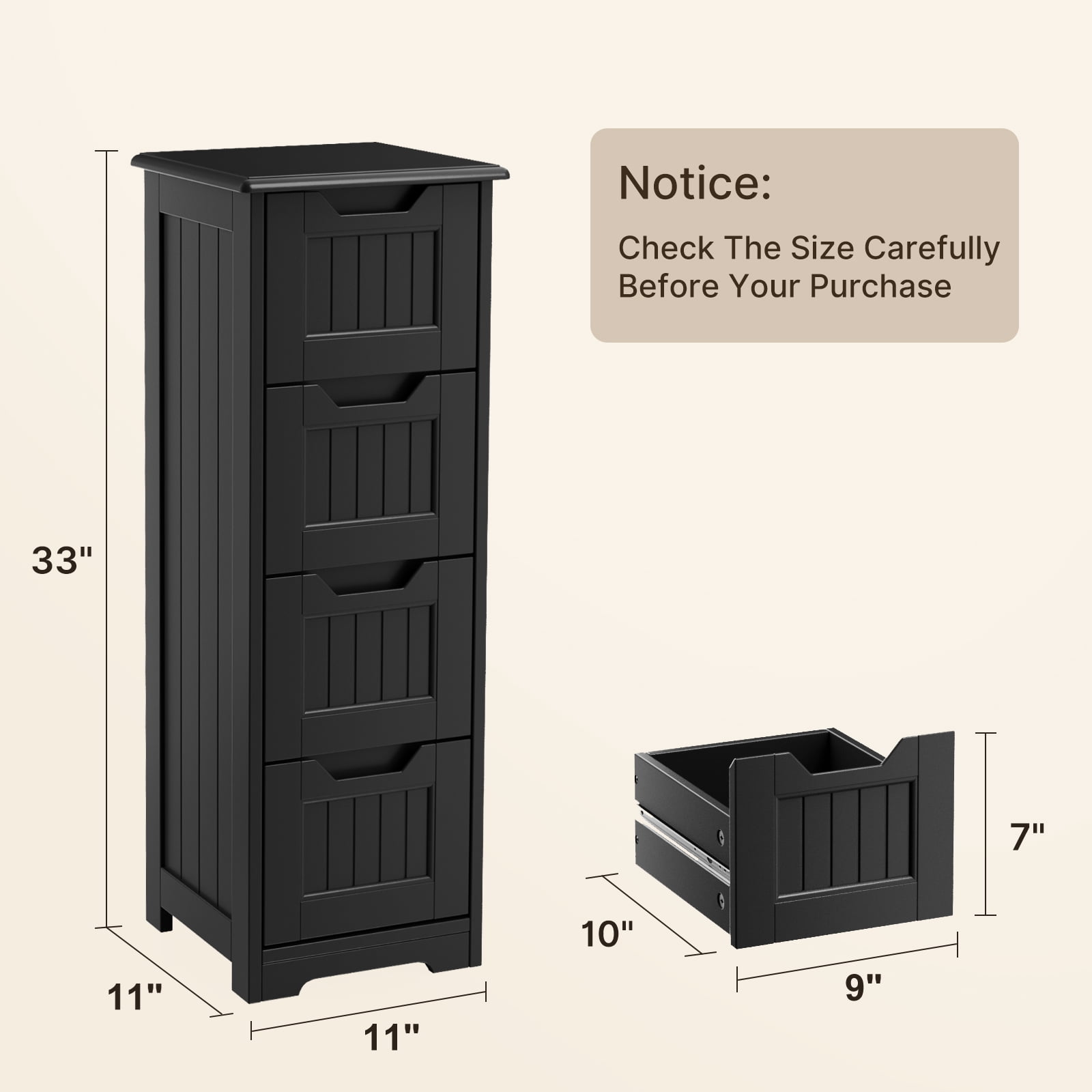 Noelse Bathroom Floor Cabinet Wooden Storage Cabinet with 4 Drawers Free-Standing Cabinet for Hallway Living Room and Bathroom, Black