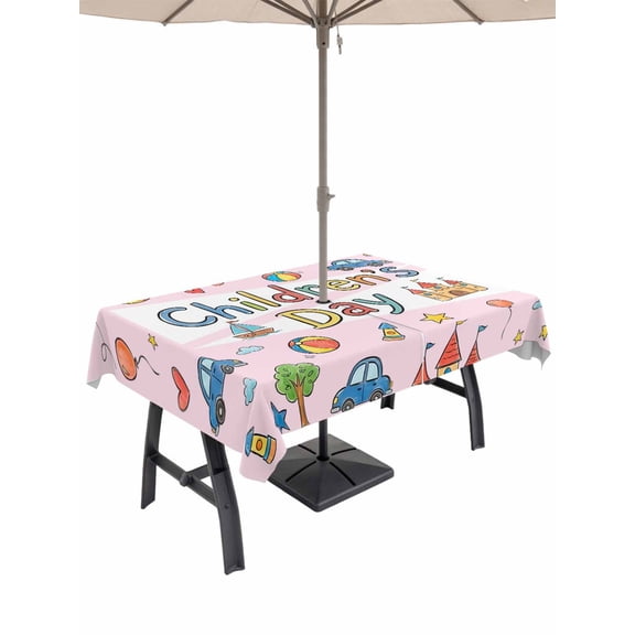Outdoor Tablecloth with Umbrella Hole for Patio/Picnic/Party/Camping, Pink Children's Day Waterproof Table Cloth Rectangle Table Cover Washable, Car Tree Stars Cartoon Modern Art (60"x 102")