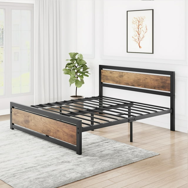 Full Metal Platform Bed Frame with Wooden Headboard and Footboard, No Box Spring Needed, Noiseless