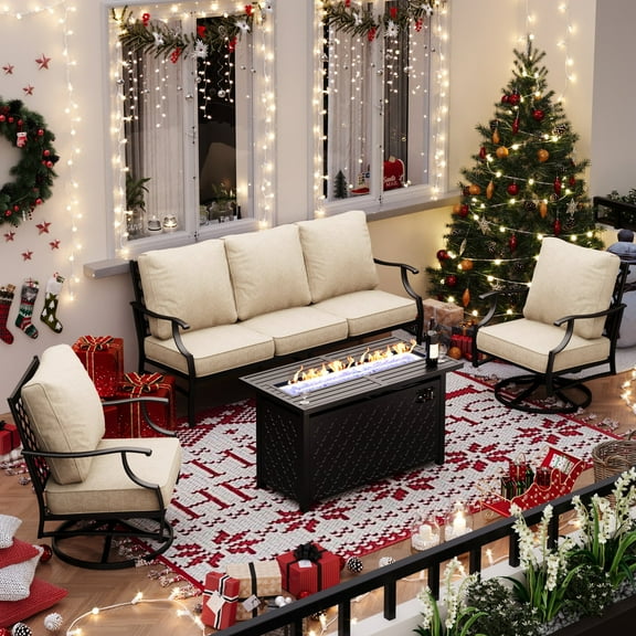 Sophia&William 4 Piece Patio Outdoor Furniture Set Conversation Sofa Set with 45" Fire Pit Table, Beige