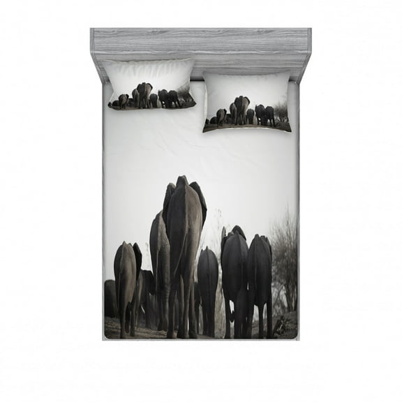 Ambesonne Grey Fitted Sheet & Pillow Sham Set, Tropic Wildlife Savannah Back, Full, Grey