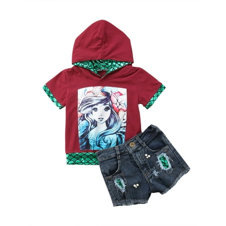 

Peyakidsaa Toddler Kids Girls Summer Clothes Cartoon Mermaid Print Hooded Short Sleeve Sweatshirt Tops Denim Shorts Set