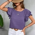 thumbnail image 5 of Fesfesfes Women's Casual Wrinkle Tops New Summer Short Ruffle Sleeves T-Shirt Round Neck Textured Fabric Flowy Tee Solid Color Outdoor(Purple,L), 5 of 7