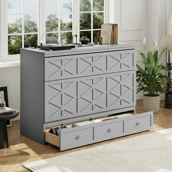 Queen Size Murphy Bed with Storage Drawers & USB Charging, Space-Saving Wall Bed Cabinet with Electrical Outlets, Modern Fold-Down Bed for Small Spaces, Brushed Gray