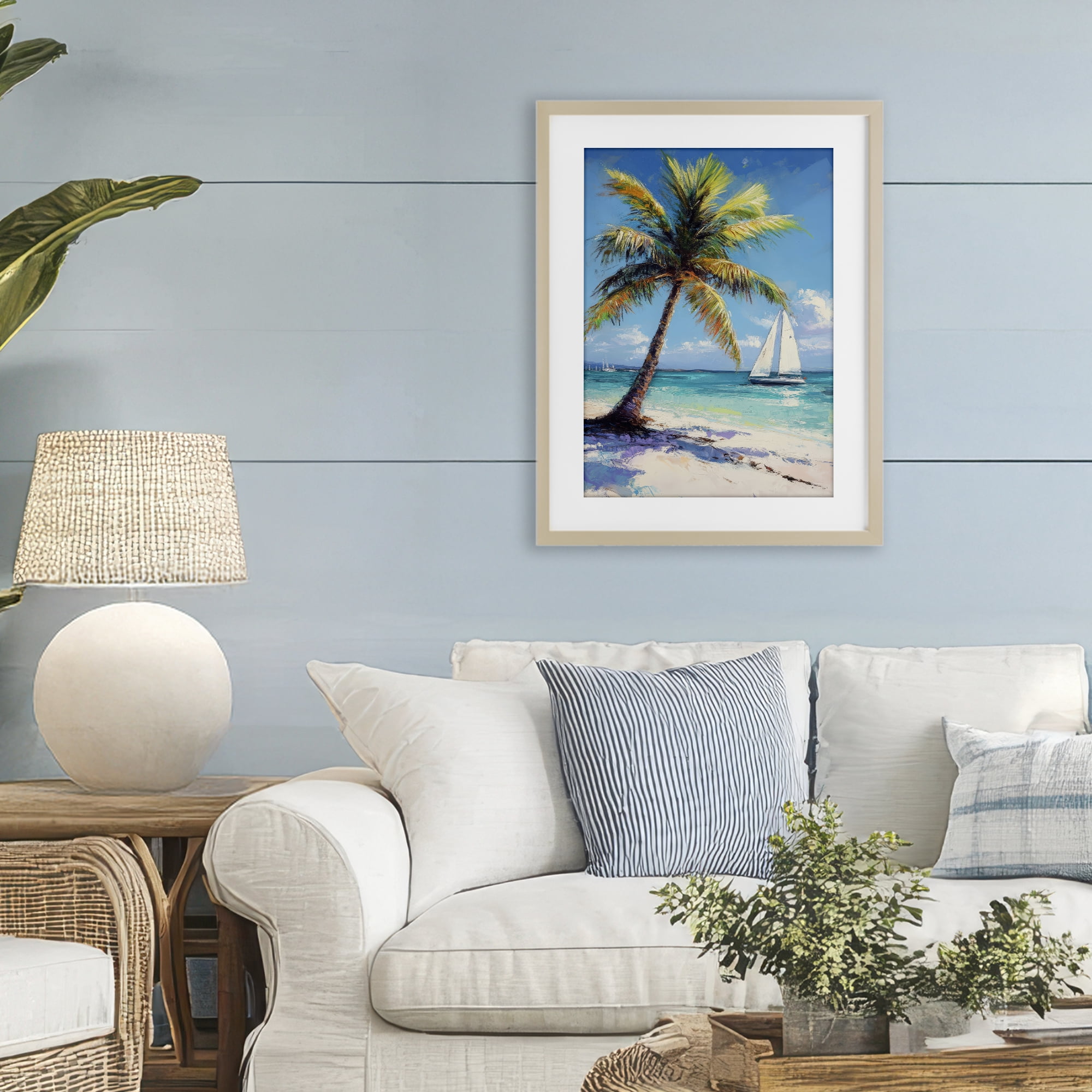Stupell Industries Palms & Sails Beach View Birch Framed Print Under Glass, design by Petal Prints Design