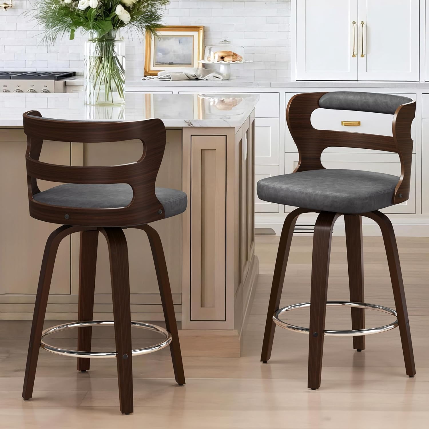 Dycanpo 26" Counter Height Bar Stools, Swivel Counter Stools with Back for Kitchen Island, Dark Gray
