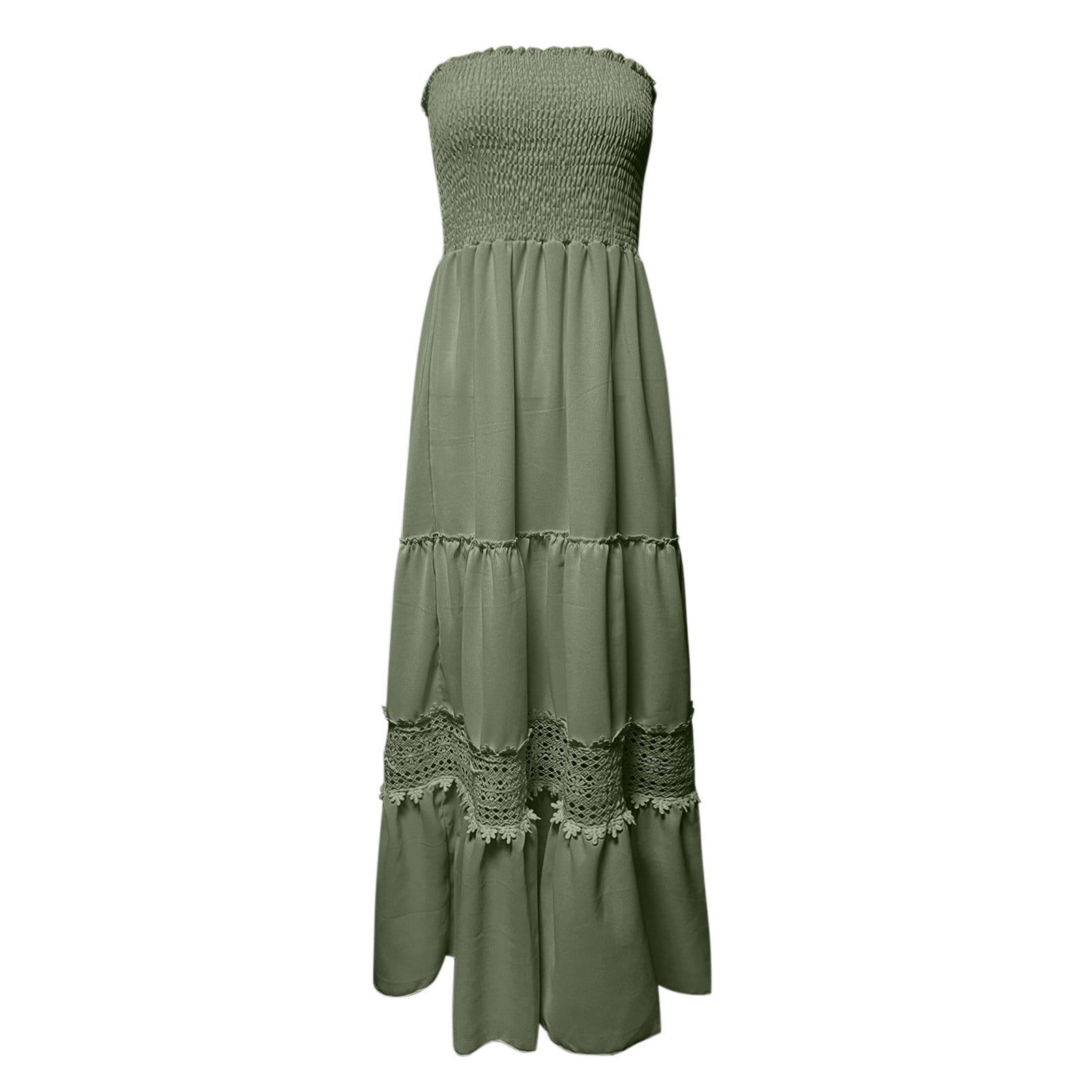 Summer Dresses For Women 2024 Vacation Summer Bohemian Strapless Off Shoulder Lace Trim Backless Flowy A Line Beach Long Maxi Dress
