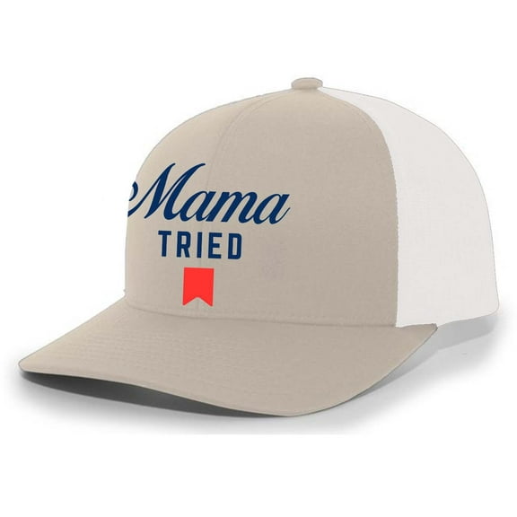 Trenz Shirt Compant Mama Tried Beer Logo Parody Mens Mesh Back Embroidered Trucker Hat, Khaki/White