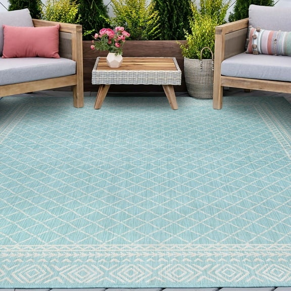5x8 Water Resistant, Indoor Outdoor Rugs for Patios, Front Door Entry, Entryway, Deck, Porch, Balcony | Outside Area Rug for Patio | Aqua, Diamond | Size: 5'3'' x 7'3''