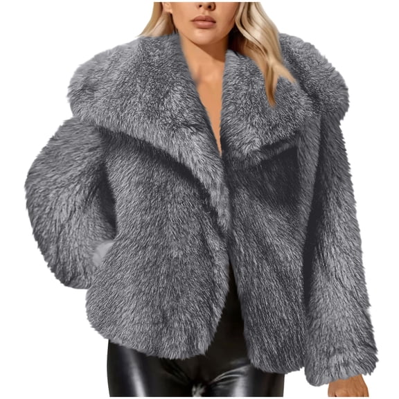 XPMWRP Women's Faux Fur Cardigan Long Sleeved Coat Lapel Solid Color Casual Jacket Daily Wear Suitable for Parties Attractive Stylish Outerwear Gray XXXL