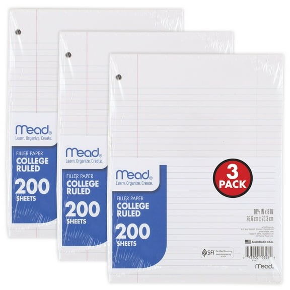 Mead Filler Paper, College Ruled, 10.5" x 8", 3 Pack, 200 Sheets