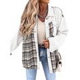 thumbnail image 3 of HUBERY Women Lapel Collar Plaid Spliced Long Sleeve Snap Button Pocket Jacket, 3 of 5