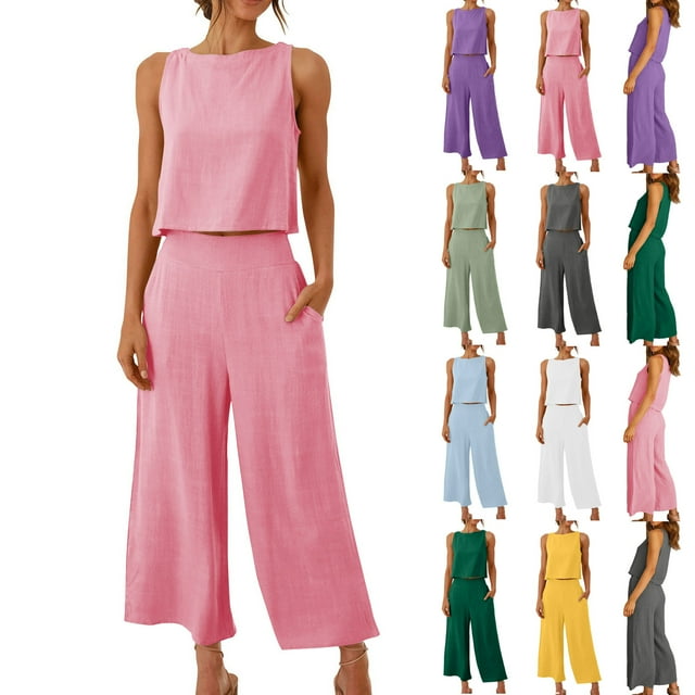 Ensemble en Coton et Lin pour Femmes 2 Pcs Tenues Sans Manches Col Rond Débardeurs Pantalons Larges Palazzo Ensembles Assortis