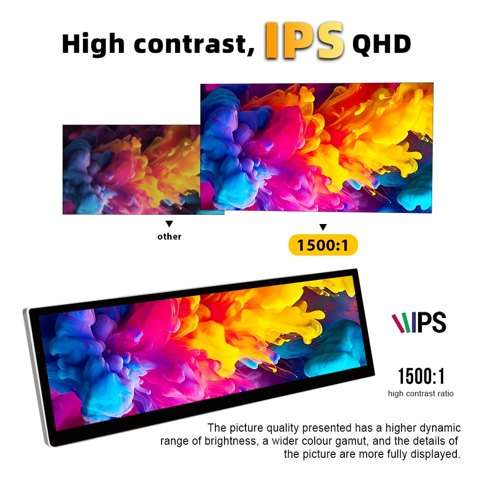 14.5 Inch 2.5K Portable Long Strip Touchscreen QHD 2560×720 IPS 10-Point Capacitive Touch Monitor HDMI & USB-C External Screen with Built-in Stereo Speakers Plug & Play for Laptop Raspberry Pi 5 Wind