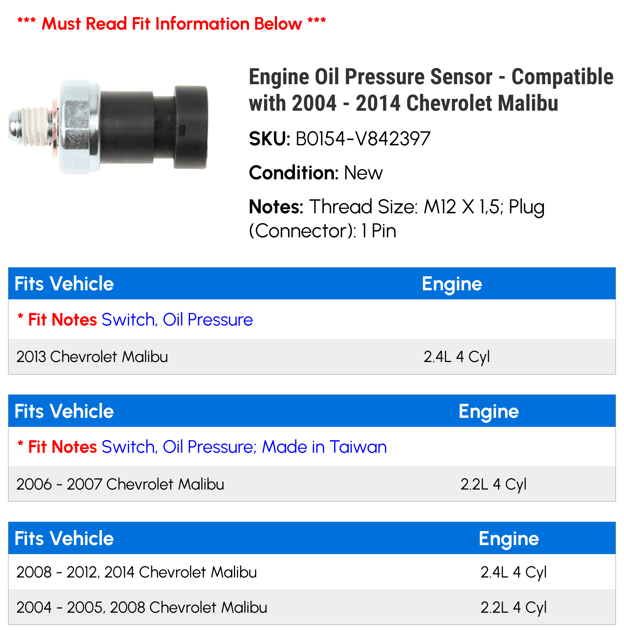 Engine Oil Pressure Sensor - Compatible with 2004 - 2014 Chevy Malibu 2005 2006 2007 2008 2009 2010 2011 2012 2013