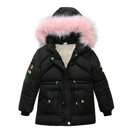 

BIZIZA Toddler Coat Long Sleeve Tops Pockets Solid Color Faux Fur Zip Up Hooded 3-6Y Chlid Baby Black 120/XL