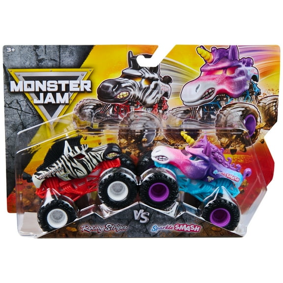 Monster Jam, Sparkle Smash Vs. Racing Stripes Die-Cast Monster Trucks, 1:64 Scale, Kids Toys for Boys Ages 3 and up