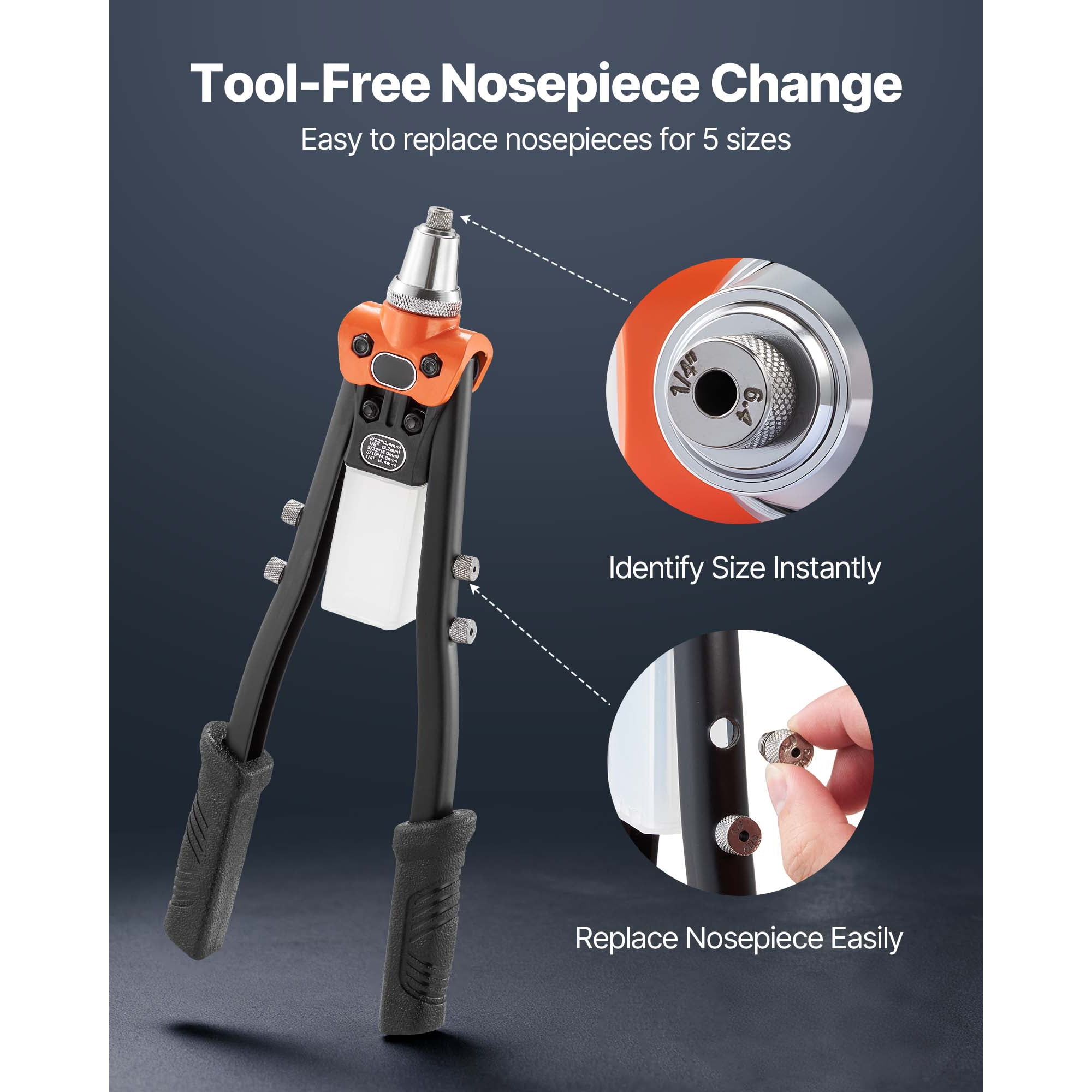 KFFKFF Manual Rivet Gun Kit with 230 Rivets, Two-Handed Tool Featuring 5 Replaceable Nosepieces, 5 Drill Bits, and a Storage Case, Ideal for Metalwork, Automotive Repairs, Home Projects, and DIY Task