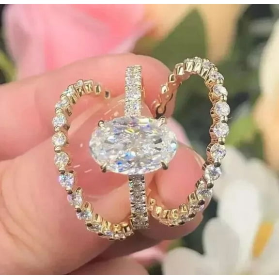 Engagement Trio Set Women's Ring 3Ct Oval Cut Simulated Diamond 14K Yellow Gold Plated 925 Sterling Silver For Her