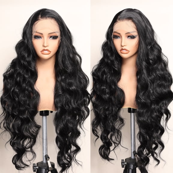 Black 13x6 Lace Frontal Wig 32 Inches Long Lightweight Body Wave Pre Plucked Hairline with Baby Hair Transparent Swiss Lace Heat Resistant Synthetic Hair Glueless Lace Front Wigs for Black Women
