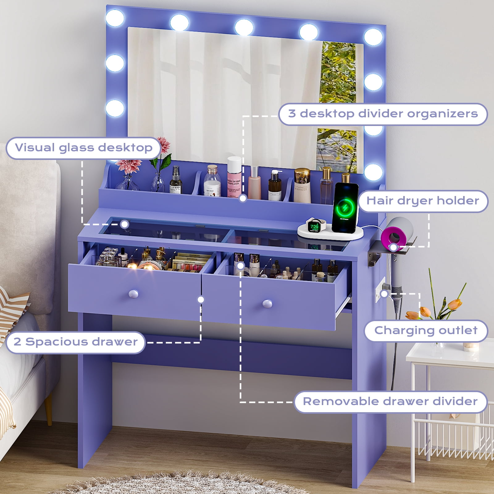 Ktaxon Get Ready with Me GRWM Makeup Vanity Desk with Lighted Mirror, Dressing Table W/Charging Station & Hair Dryer Rack,Sophia Purple