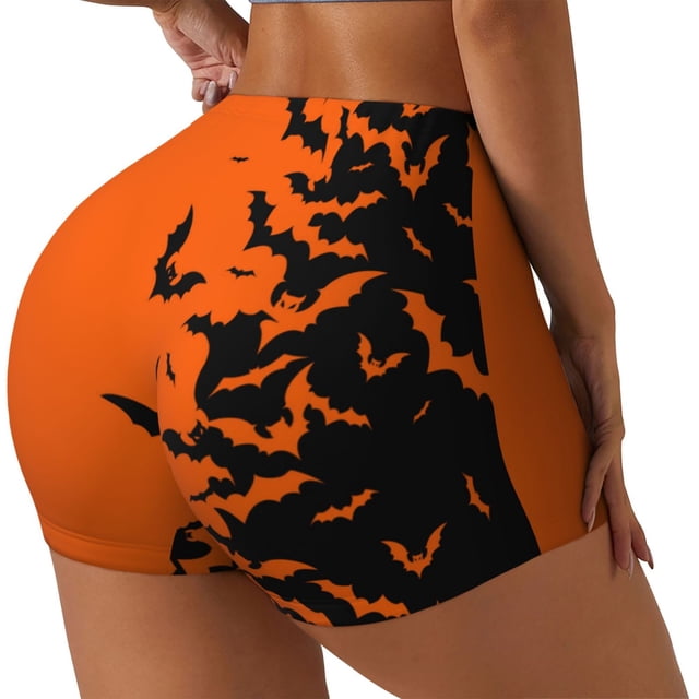 Fotbe Halloween Bats Shorts Sin Costuras – Shorts Deportivos de Cintura Alta para Mujer, Elásticos para Gimnasio, Yoga, Running o Ciclismo-Large