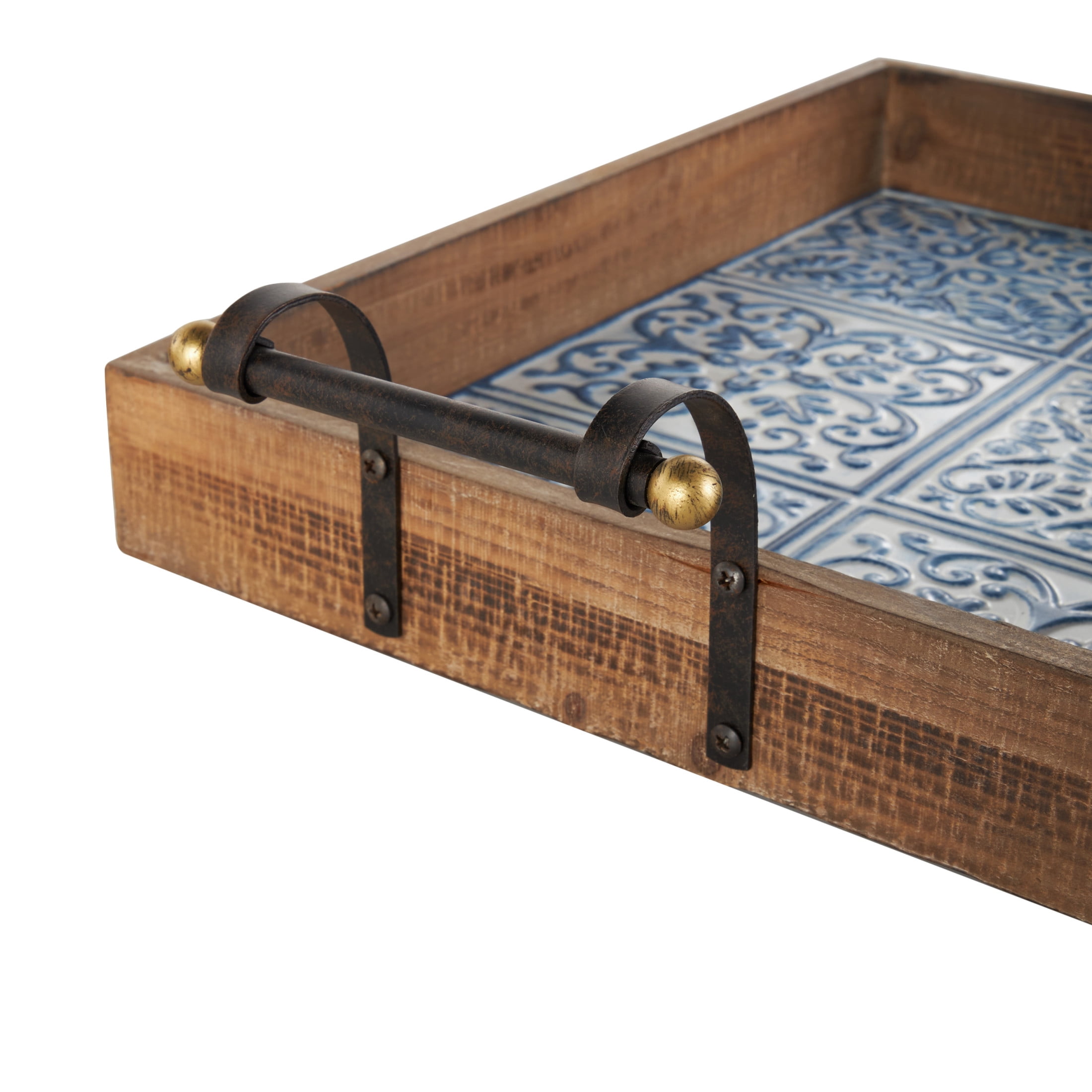 DecMode 23", 19"W Brown Wood Floral Tray with Tile Patterns, 2-Pieces