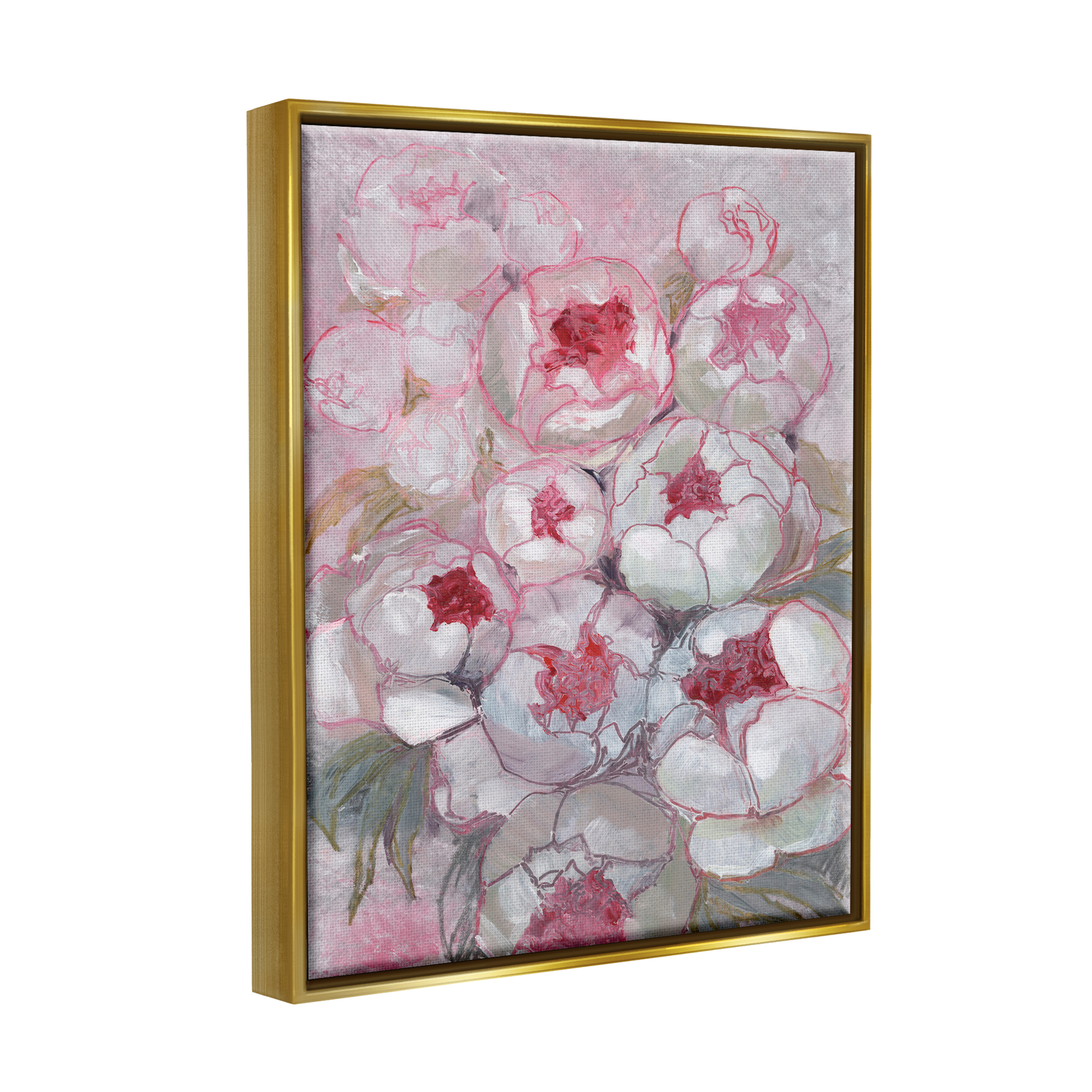 Stupell Pink Outline Peony Blooms Abstract Botanical & Floral Painting Gold Floater Framed Art Print Wall Art