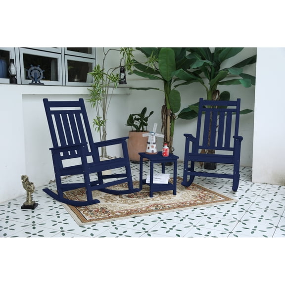 All Weather Rocking Chair Set with Side Table, 3-Piece Rocking Chair Set with Wood-Texture, Navy Blue(includes 2 Rocking Chairs and 1 Table)