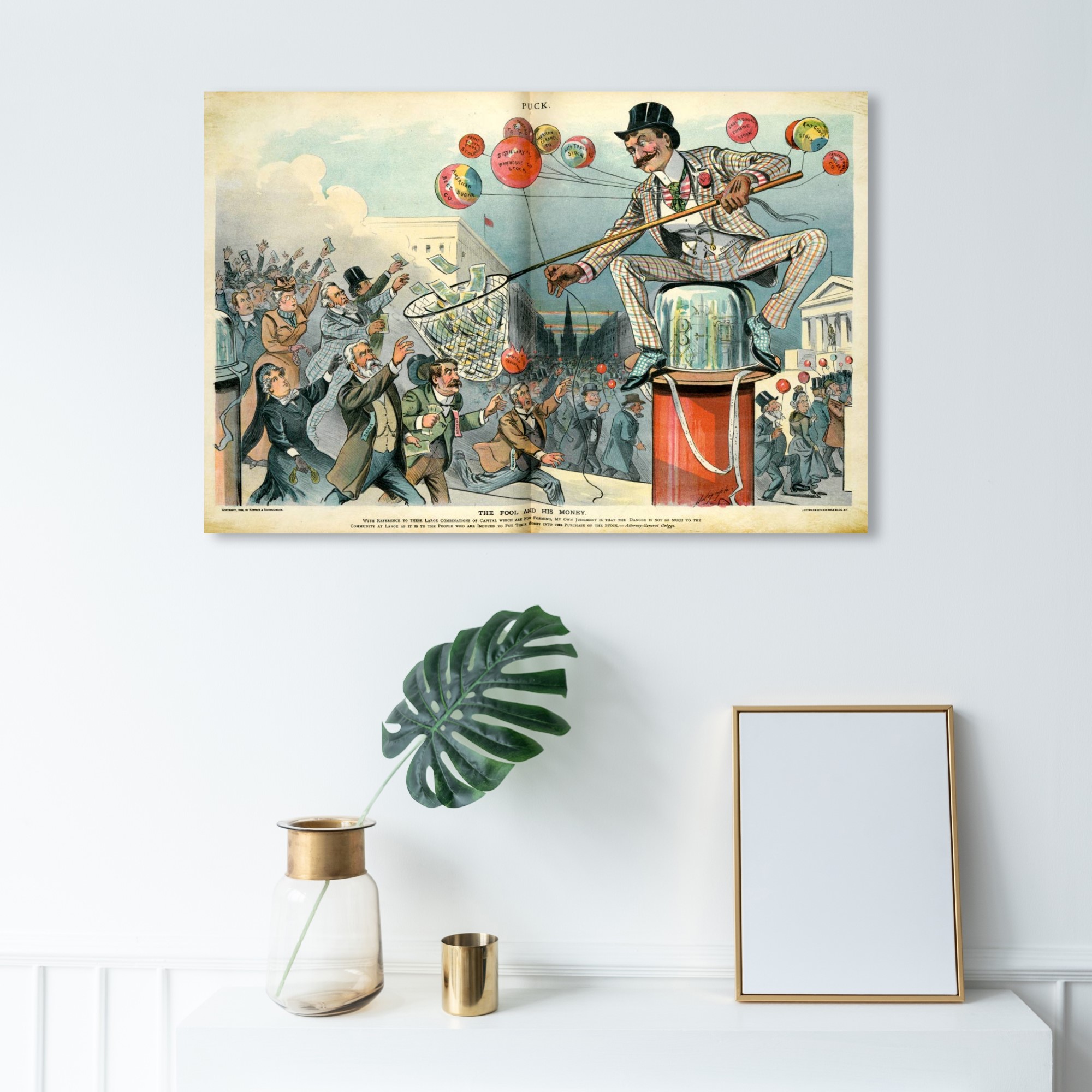 Wynwood Studio 'The Fool and His Money' Advertising Wall Art Canvas Print - White, Blue, 24" x 16"