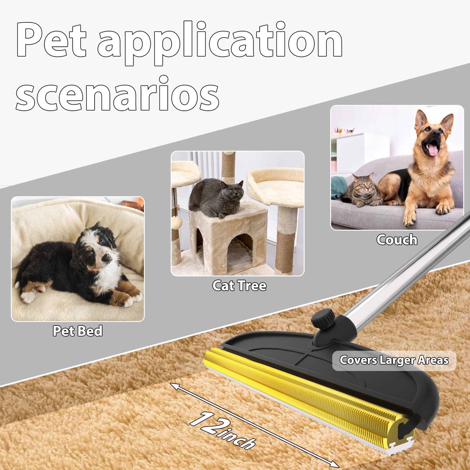 Carpet Rake for Pet Hair Removal: 60" Adjustable Long Handle Pet Hair Removel Tool, 2 in 1 TPU and Copper Pet Hair Remover Broom, Reusable Cat Dog Hair Remover Carpet Scraper