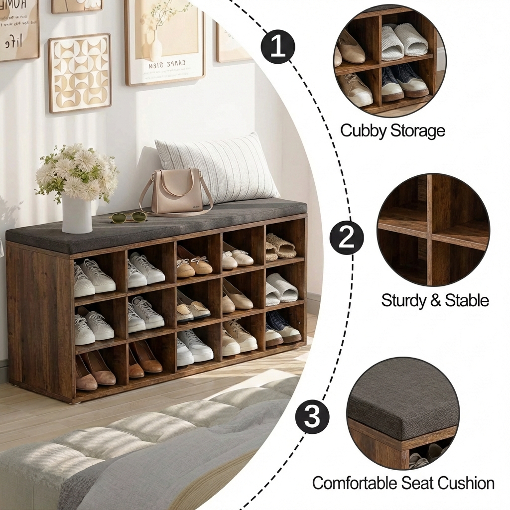 Ledrem Entryway Shoe Bench with Storage, 15-Compartment, Brown photo 3