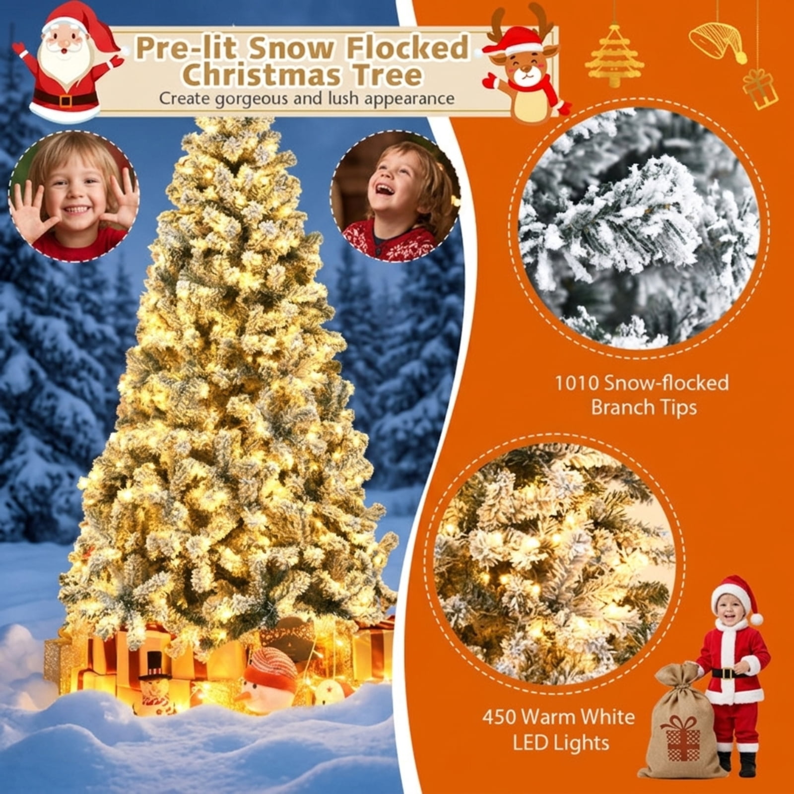 RUIE, 7.5 ft, Pre-Lit Artificial Christmas Tree, Tall Flocked Christmas Tree, 1010 Branch Tips, Snow Flocked, Hinged Branches for Christmas Party