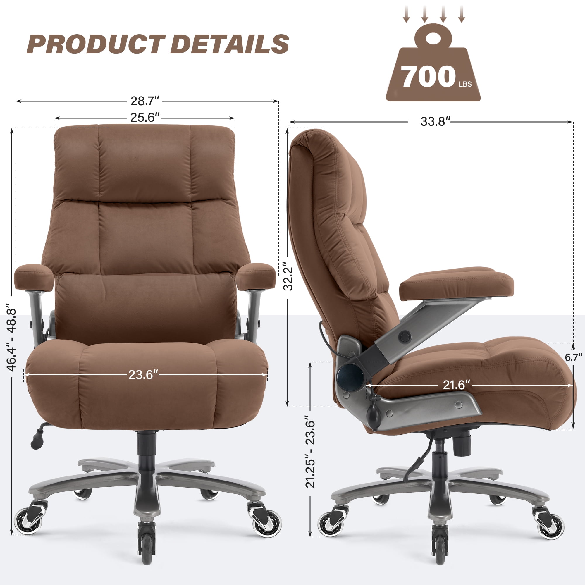 Big and Tall 700lbs Office Chair, Ultra-Soft Fabric Executive Desk Chair, Ergonomic Computer Chair with 3D Flip Up Arms, Adjustable Lumbar Support, Heavy Duty Metal Base and Quiet Rubber Wheel, Brown