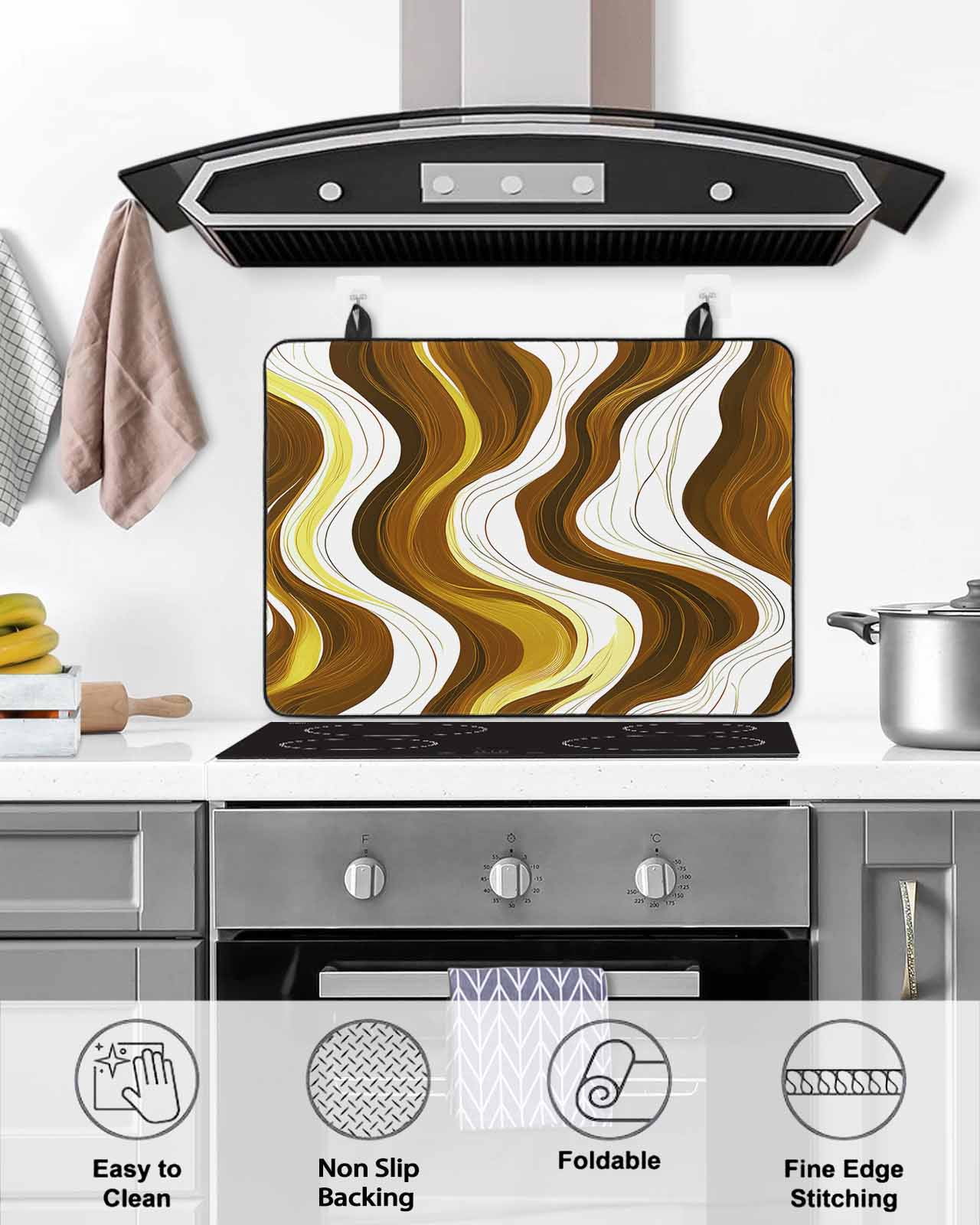 nqOlkjepod Large Induction Cooktop Protector Mat 24"x21", Brown Stripe Stove Top Covers for Electric Stove, Gold Geometric White Coastal Wave Modern Ocean Stove Burner Cover Mats Stove Cover