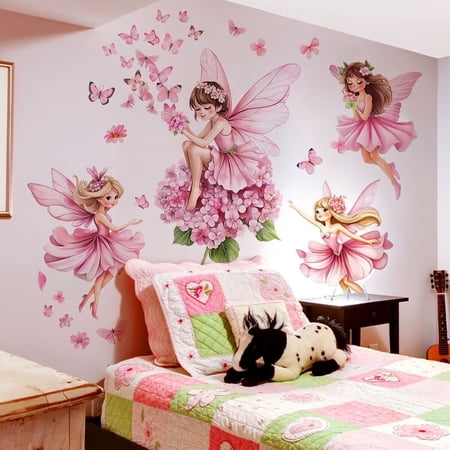 Watercolor Flower Fairy Wall Decal, Pink Fairy with Butterfly Wall Sticker, Removable Peel and Stick Wall Mural, Magical Girls Nursery Bedroom Playroom Wall Decor, Fantasy Fairy Wall Art