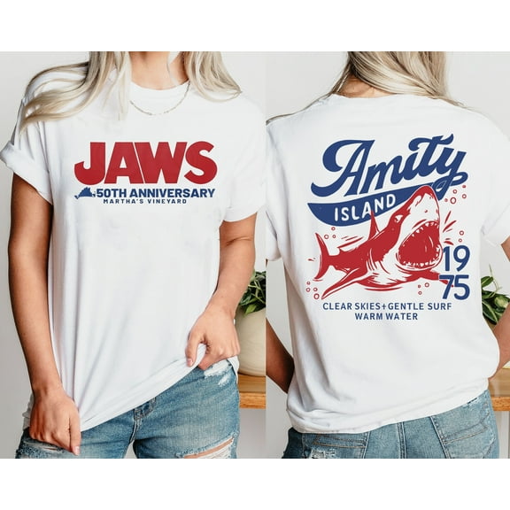 Unisex Jaws 50th Anniversary Amity Island 1975-2025 Graphic T-Shirt, Sizes S-5XL, Tbun Men's And Women's Graphic Tee 100% Cotton by TBun, Full Sizes S-5XL