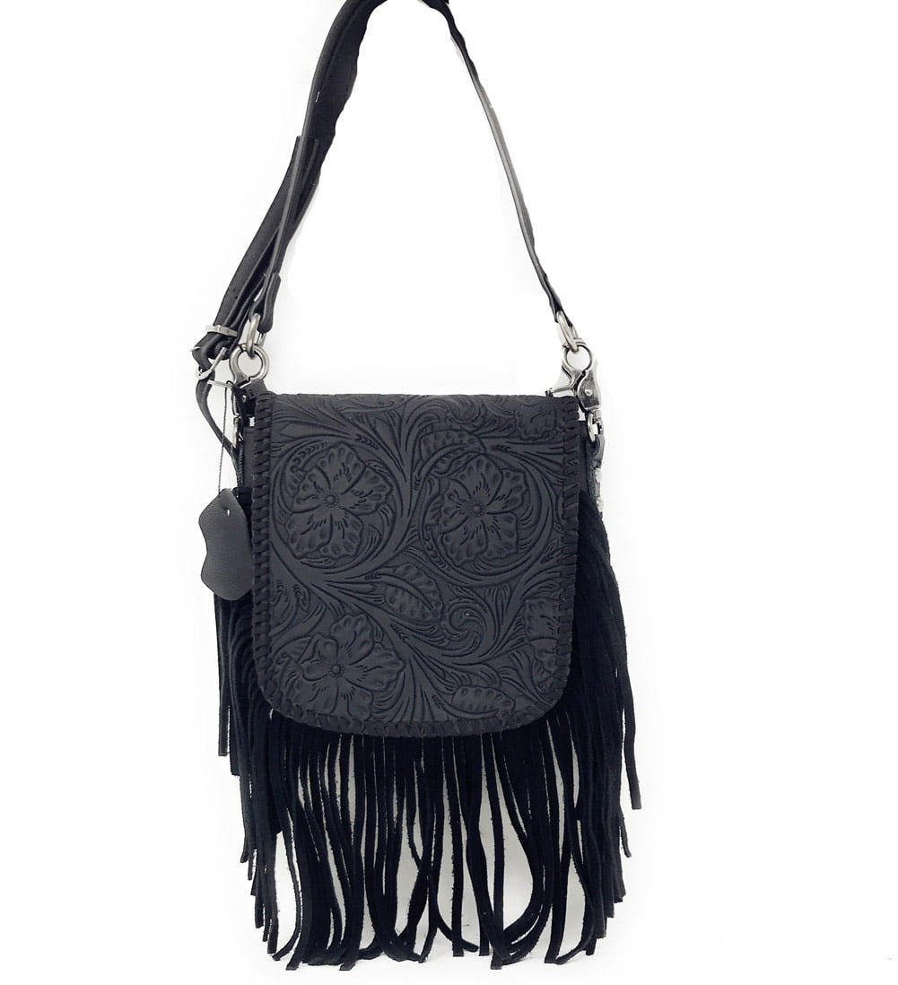 Texas West - Western Genuine Leather Floral Tooled Fringe Womens Crossbody Bag In Multi Color ...