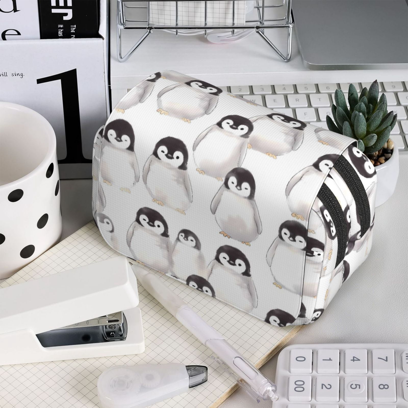 Large-Capacity Flip-Top Double-Layer Pencil Case, Multi-Functional Pocket Pen Case, Durable Stationery Organizer Little Penguin