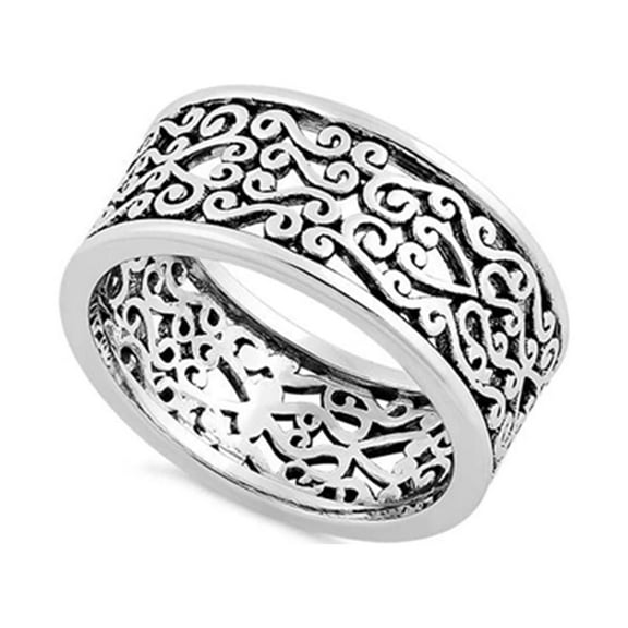 925 Sterling Silver Oxidized Platinum Plated Filigree Heart Women Valentines Day Gifts Ring