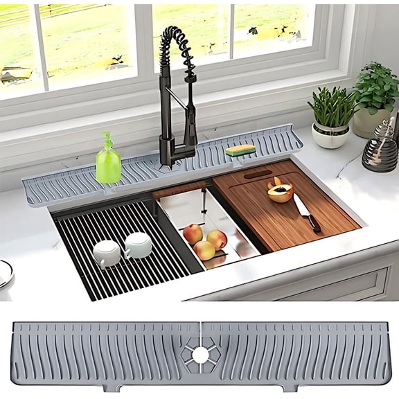 30 inch Sink Splash Guard Mat,Silicone Faucet Handle Drip Catcher Tray, Longer Silicone Sink Mat for KitchenBathroom, Drip Protector Splash Countertop (gray)