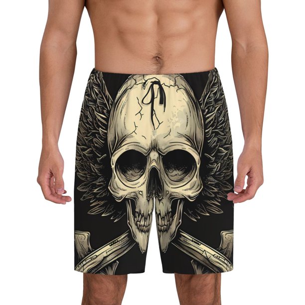 Fotbe Gothic Winged Skull Pantalones Cortos de Pijama para Hombre, Ropa de Dormir, Pantalones de Pijama Cortos para Hombre-Large