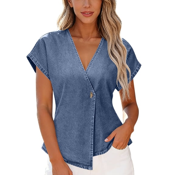 APEXFWDT Women's Denim Vest V Neck One Button Cap Sleeve Casual Summer Jean Top,L,Blue
