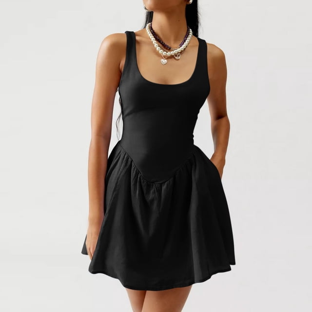 LOVZFMLL Robes Décontractées pour Femmes avec Poches Robe d'Été Couleur Unie Col Mini Robes